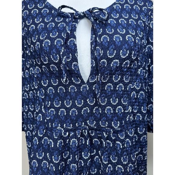 LOFT Blue Floral Puff Sleeve Tie Neck Top Women’s XL Relaxed Fit Stretch - Picture 2 of 10